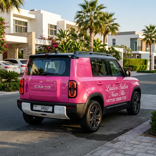 Home salon service car by Ladies Salon Near Me serving Dubai villa communities